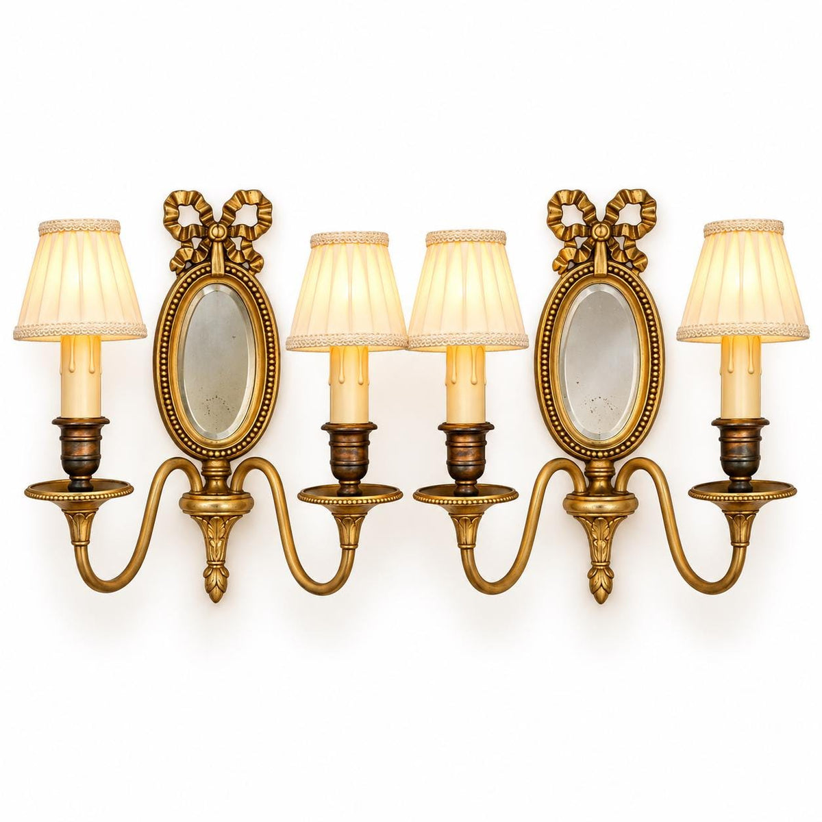 Vintage Pair of Louis XVI Style Two-Arm Wall Sconces with Oval Bevelled Mirrors and Ribbon Bows