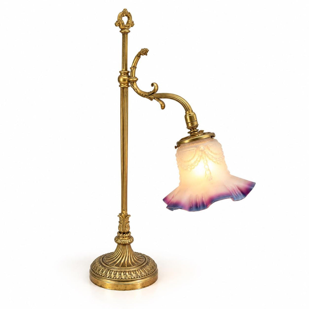 Vintage French Gilt Metal Sliding Desk Lamp with Frosted Glass Tulip Shade and Ruffled Cranberry-Tone Rim