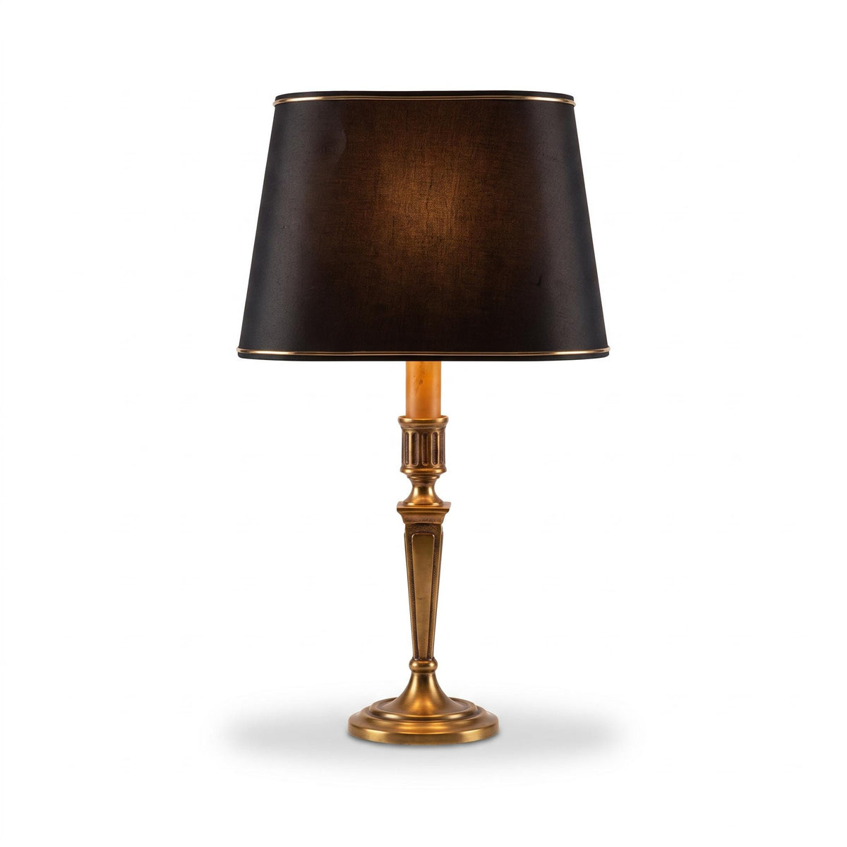 Vintage 1980s Louis XVI Style Brass-Tone Candlestick Table Lamp with Black and Gold Oval Shade