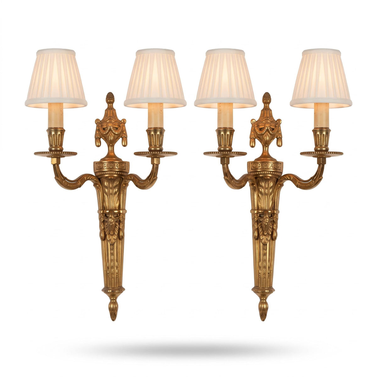 Vintage Pair of Large Louis XVI Style Gilt Metal Two-Arm Wall Sconces with Draped Urn and Mask
