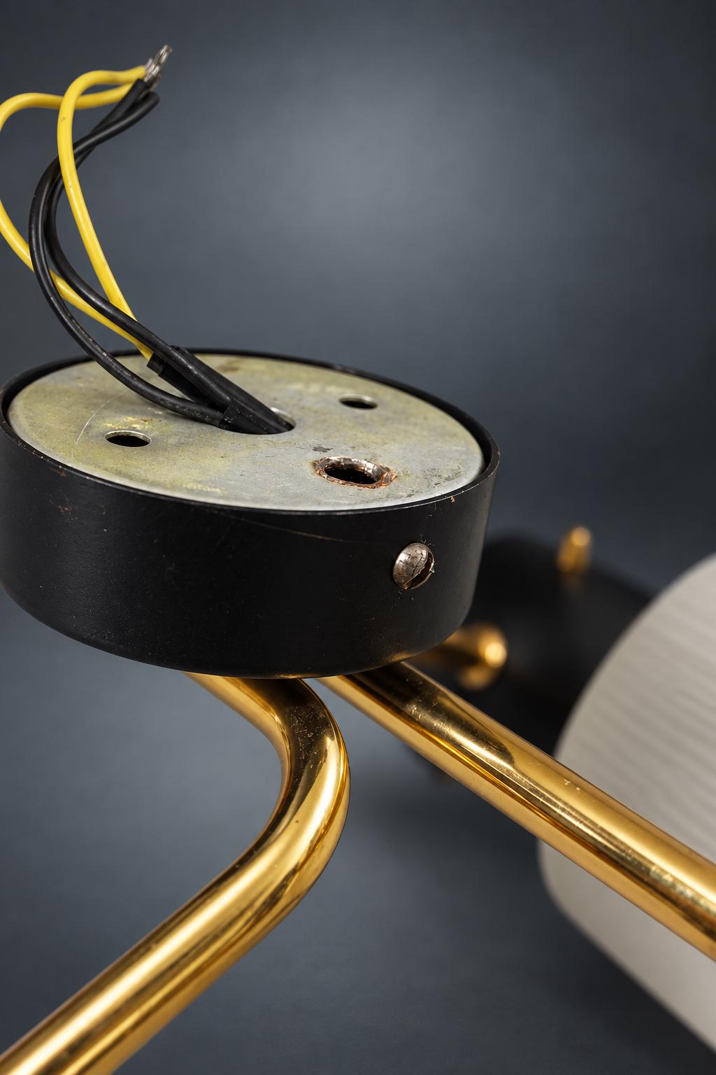 Pair of Mid-Century Double Wall Sconces, Ribbed Milk Glass Cylinders, Matte Black and Gold-Tone Metal Arms