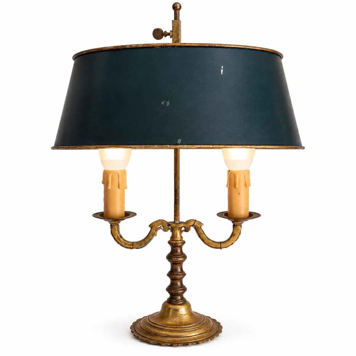 Vintage Two-Light Bouillotte Table Lamp, Green Tole Shade, Baluster Stem and Scalloped Metal Base