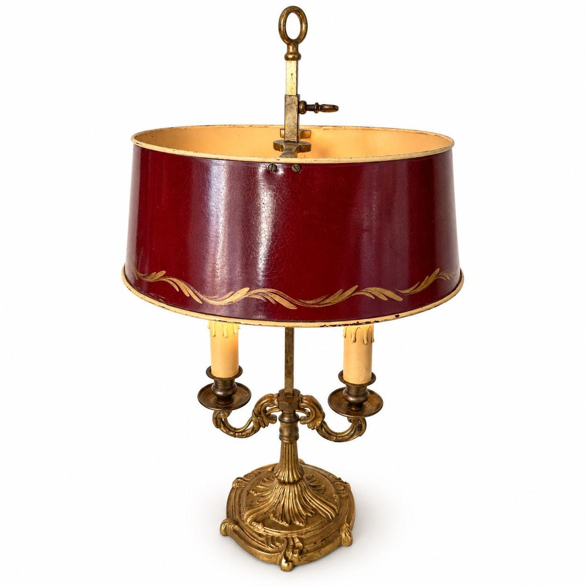 Vintage Bouillotte-Style Two-Light Gilt Metal Lamp with Louis XV Base and Burgundy Tôle Shade