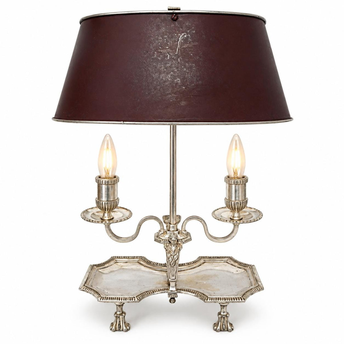 Vintage Bouillotte-Style Silver-Tone Two-Light Table Lamp with Paw Feet and Oxblood Tôle Shade