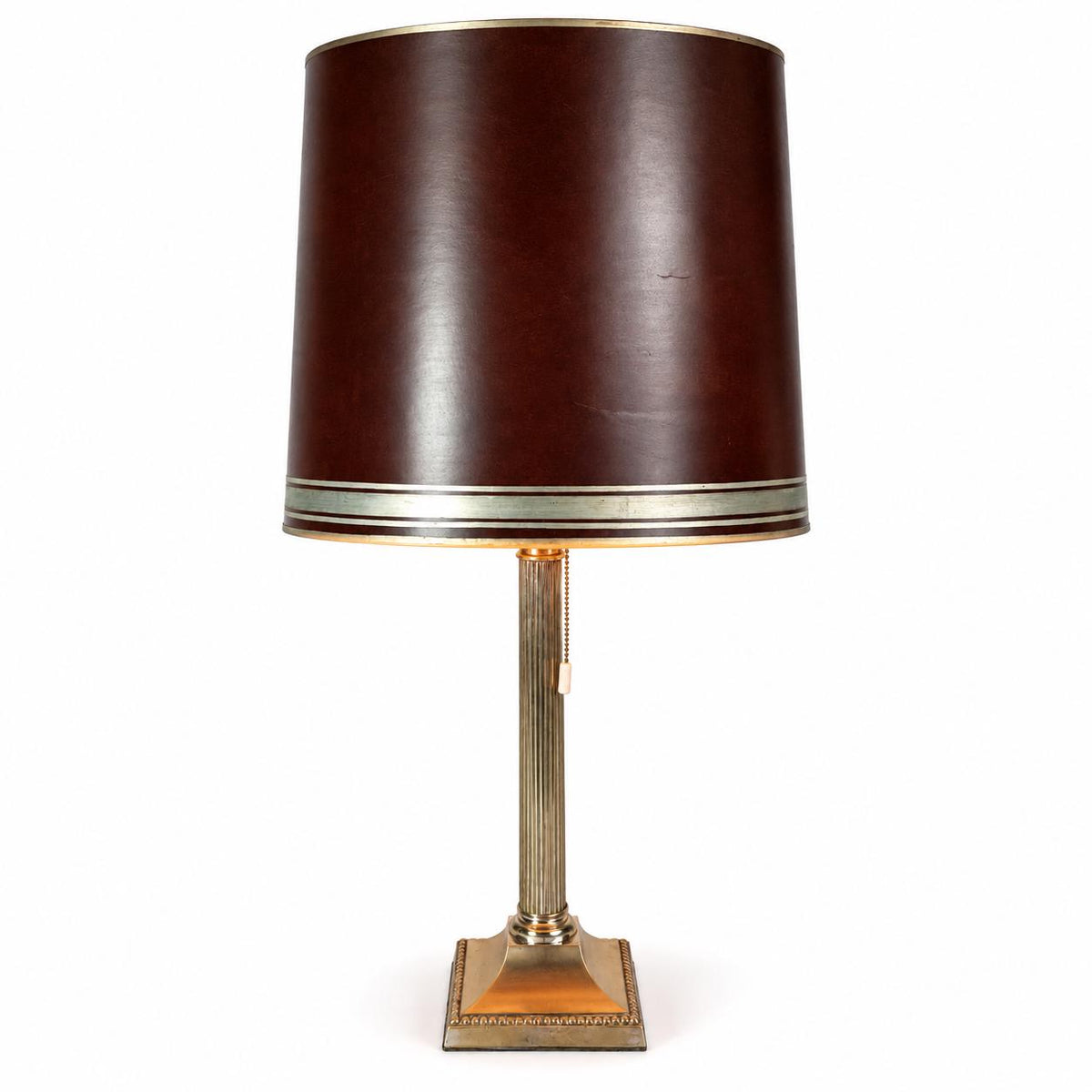 Antique Fluted Column Table Lamp with Worn Silver-Tone Finish, Beaded Square Base and Modern Shade