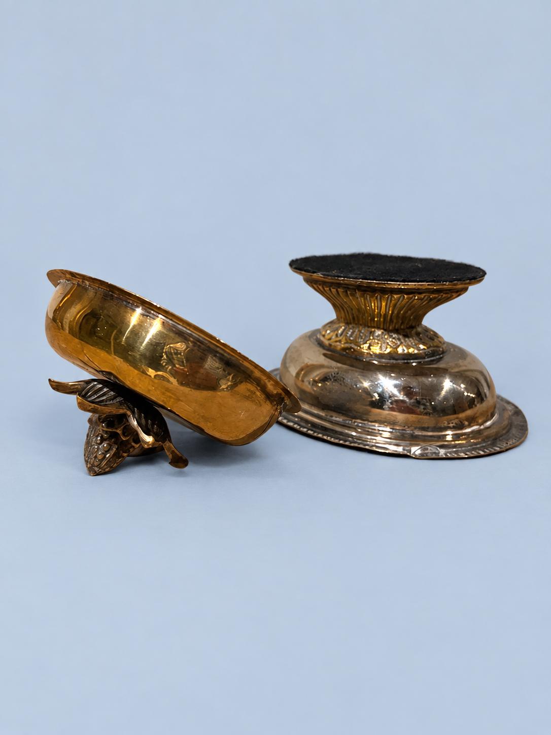 Vintage Lidded Bowl, Attributed 1920s–30s, Gold-Tone Metal with Pine-Cone Finial and Fluted Silver-Tone Foot, 21.5 cm