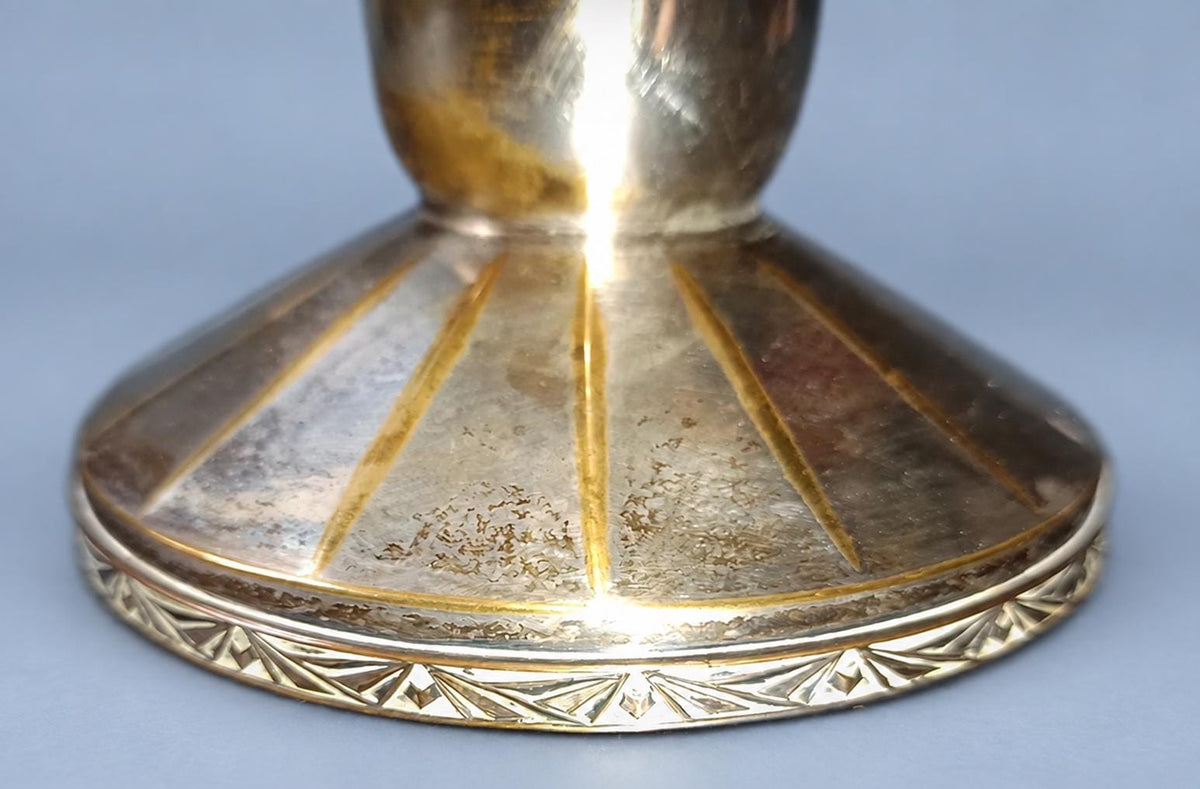 Vintage Art Deco Footed Bowl, Silver-Tone Metal Coupe on Pedestal with Fan Flower Panels and Chevron Borders, 20 cm