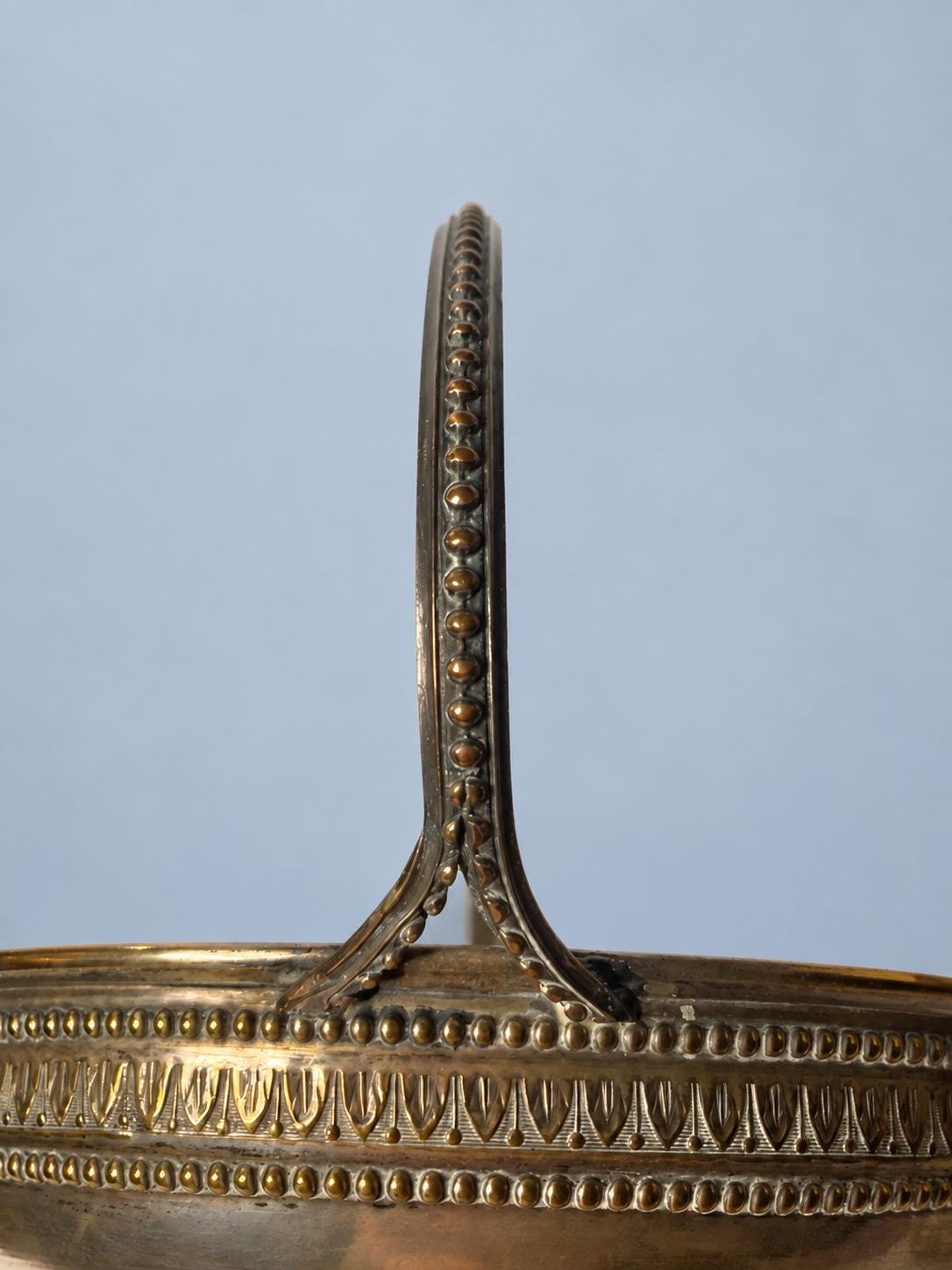 Vintage Handled Fruit Bowl, Attributed c. 1940s, Engraved Glass Liner in Silver-Tone Metal Frame with Classical Frieze, 23 cm