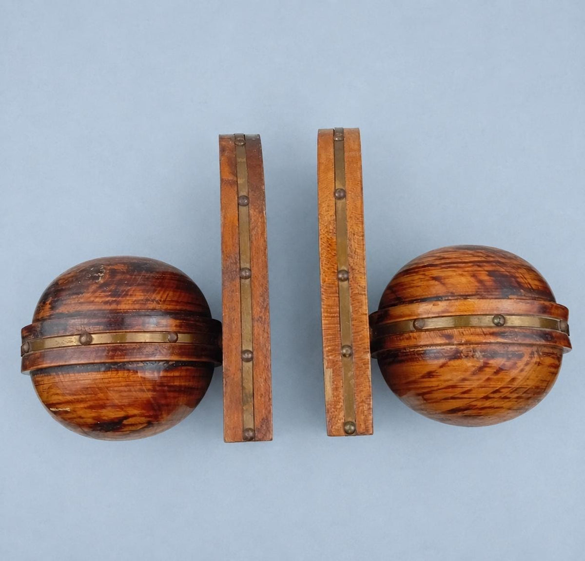 Vintage Pair of Turned Wood Bookends, Dome Form with Brass-Tone Studded Bands, Rustic Library Decor