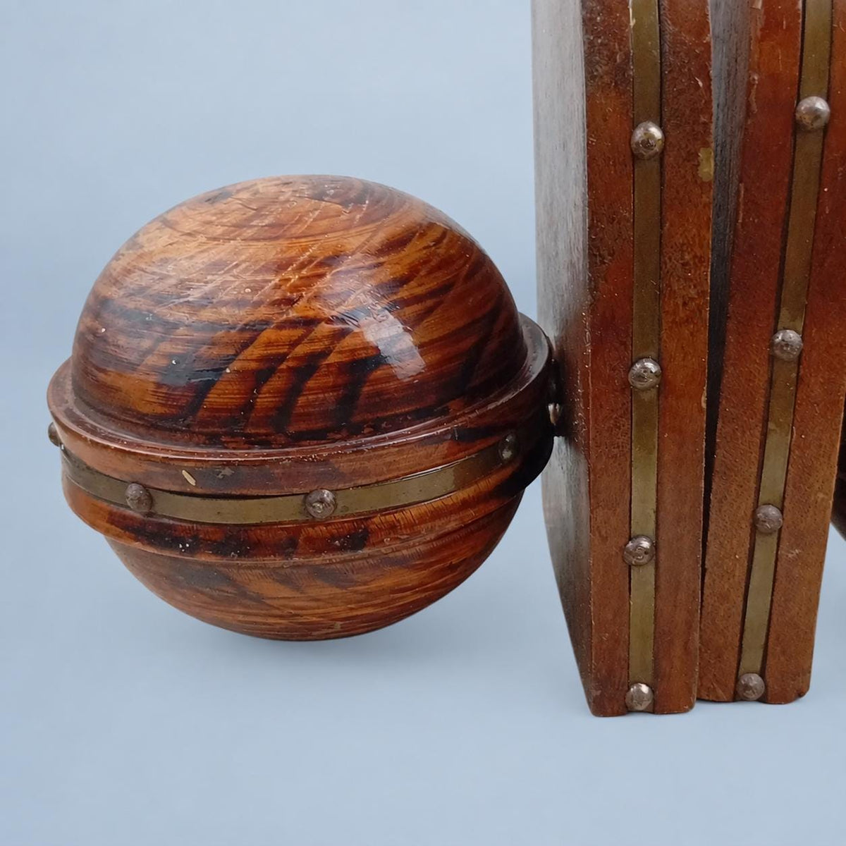 Vintage Pair of Turned Wood Bookends, Dome Form with Brass-Tone Studded Bands, Rustic Library Decor