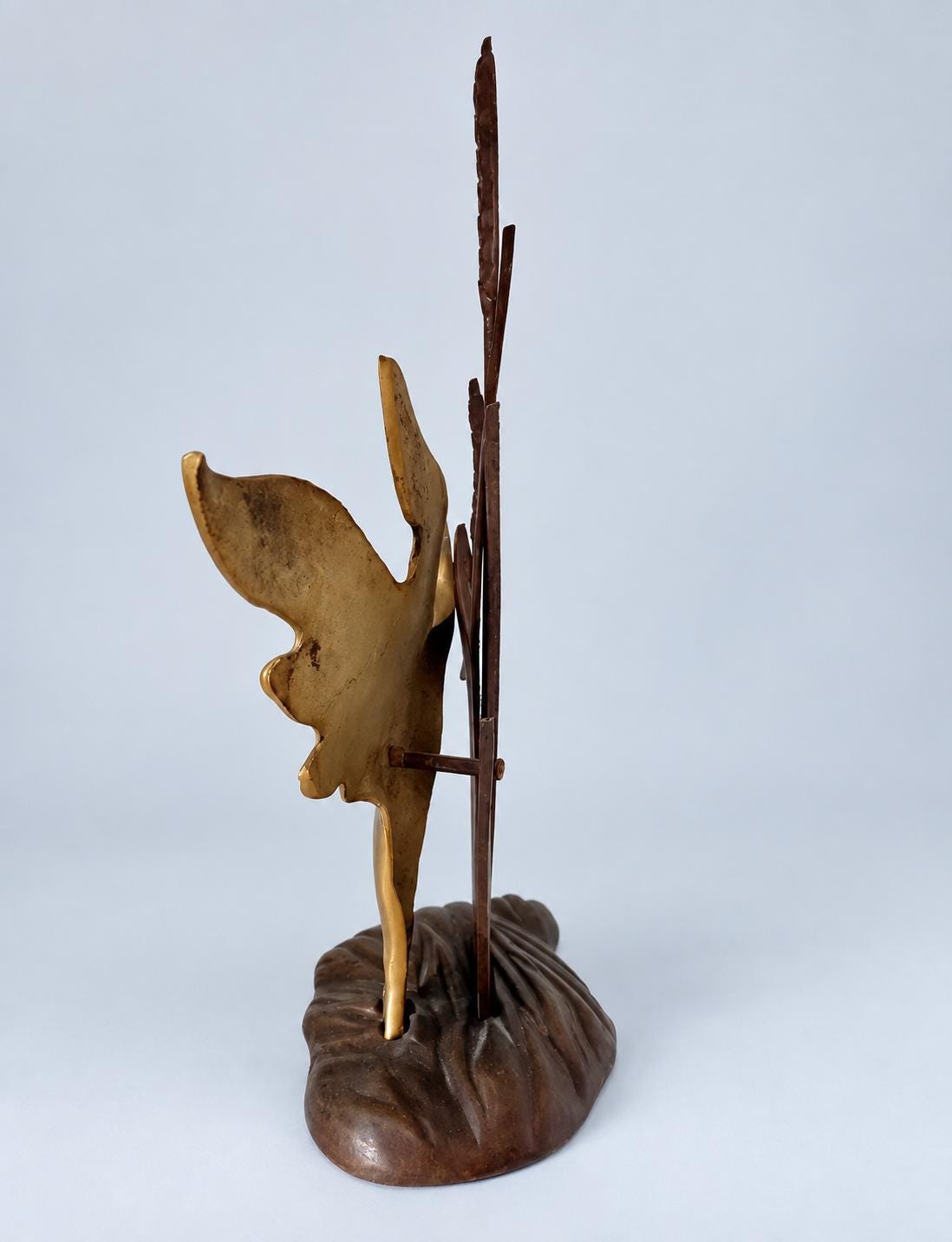 Vintage Two-Tone Brass-Tone Flying Duck Sculpture Among Cattails