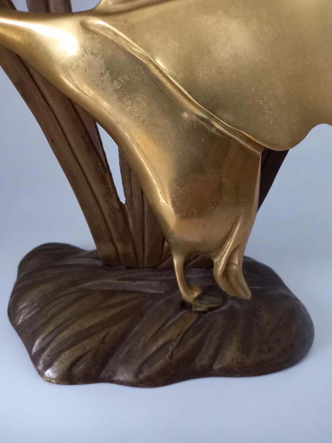 Vintage Two-Tone Brass-Tone Flying Duck Sculpture Among Cattails