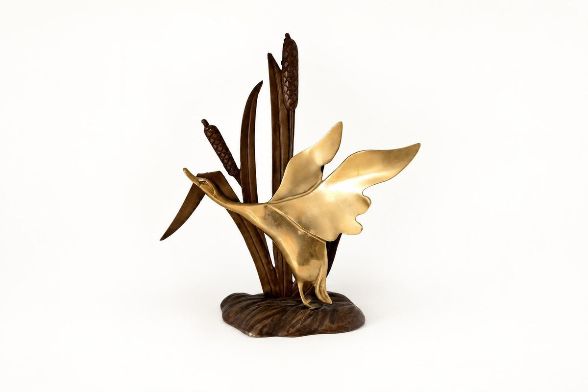 Vintage Two-Tone Brass-Tone Flying Duck Sculpture Among Cattails