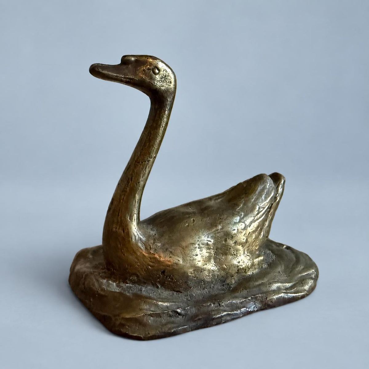 Vintage Mid-Century Scandinavian Bronze-Tone Swan Sculpture on Rippled Water Base