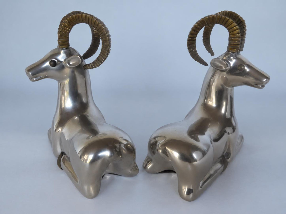 Vintage 1970s Pair of Silver-Tone Recumbent Ibex Sculptures with Gold-Tone Horns