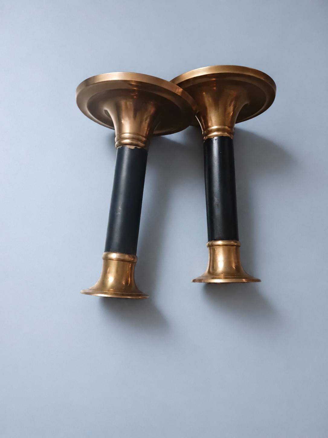 Vintage Pair of Brass-Tone Candlesticks with Black Wood Stems
