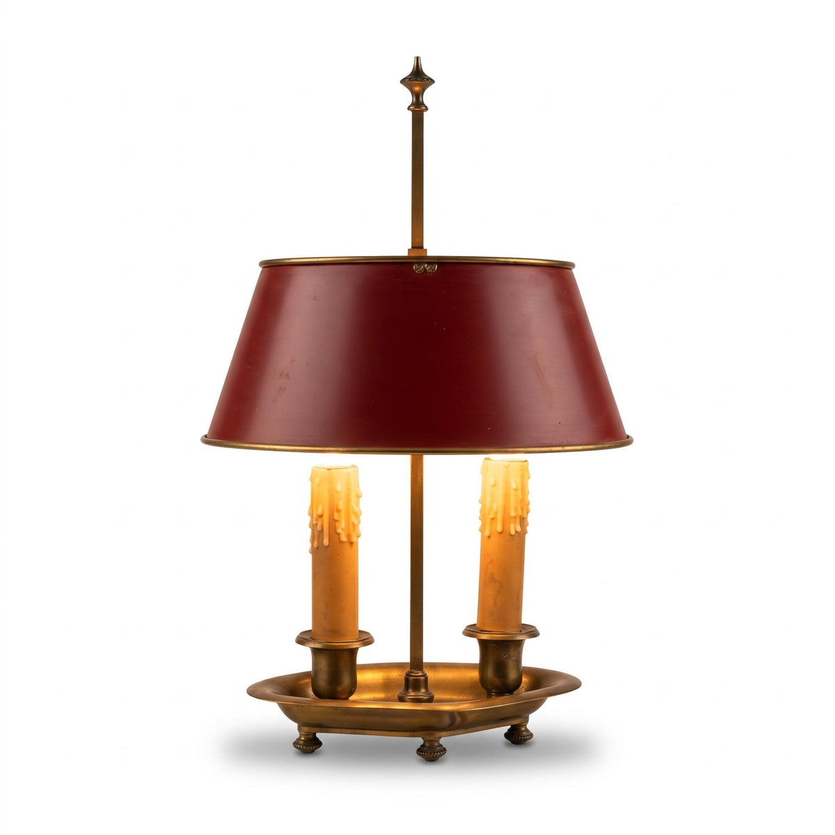 Vintage Bouillotte Two-Light Lamp with Patinated Brass-Tone Navette Base and Red Tôle Shade
