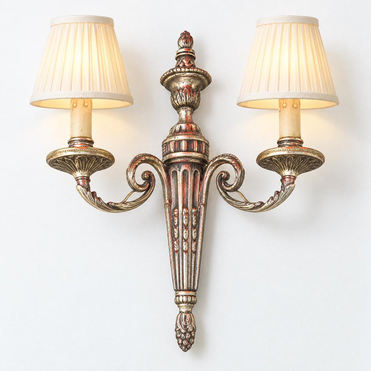 Vintage Louis XVI Style Single Two-Arm Silver-Tone Wall Sconce with Fluted Torch and Palmette Drip Pans