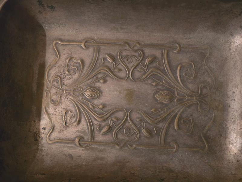 Antique Art Nouveau Pewter-Tone Two-Handled Tray with Whiplash Tendrils and Pine-Cone Motifs