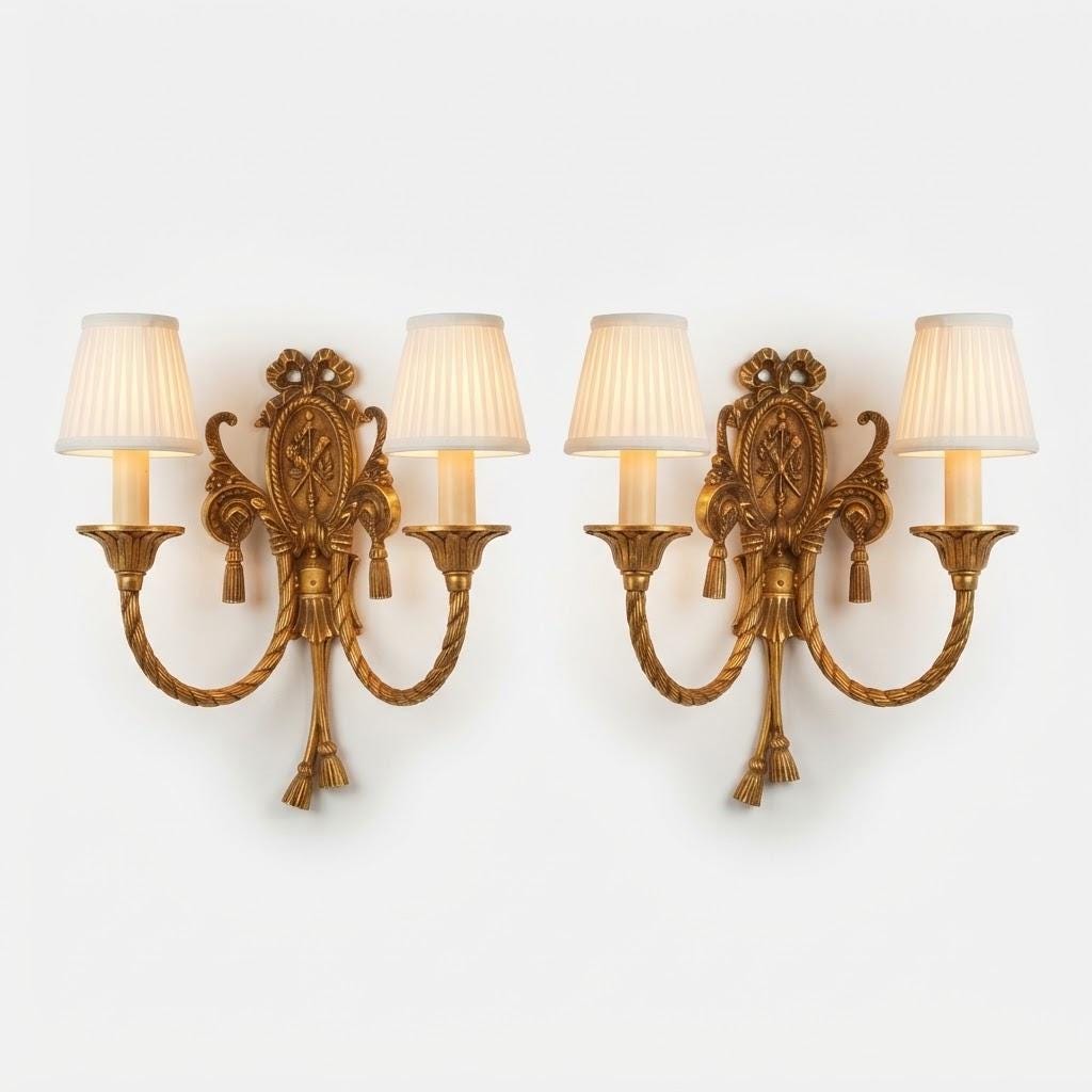Vintage Pair of Louis XVI Style Two-Arm Bronze-Tone Wall Sconces with Ribbon Bow, Medallion and Tassels