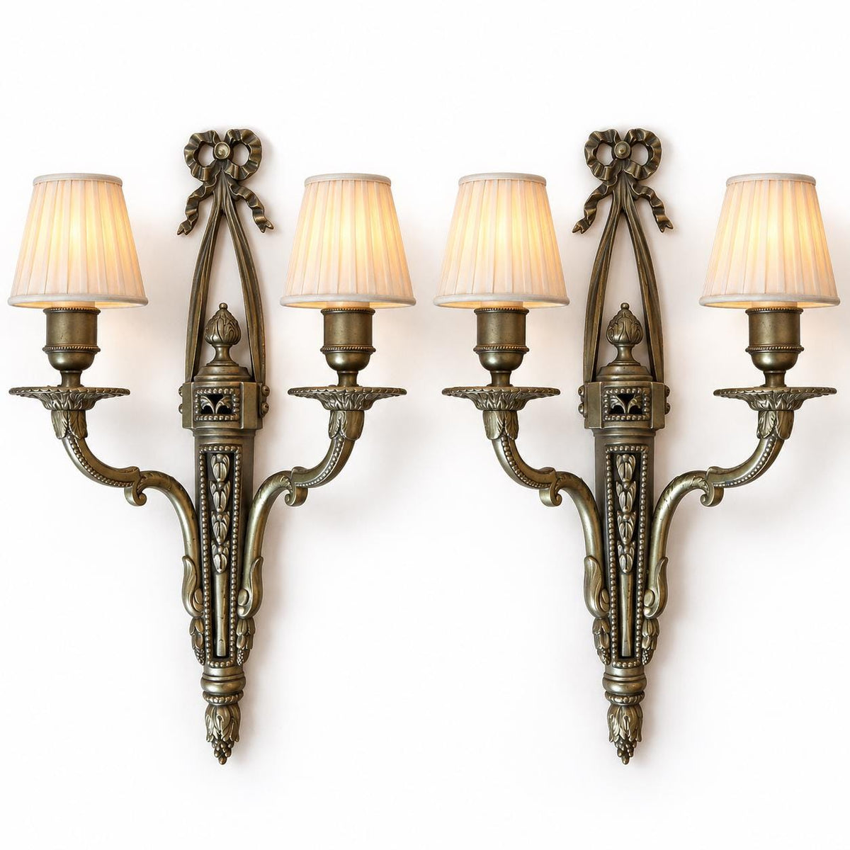 Vintage Pair of Louis XVI Style Two-Arm Bronze-Tone Wall Sconces with Ribbon Bow Crests and Pierced Quivers