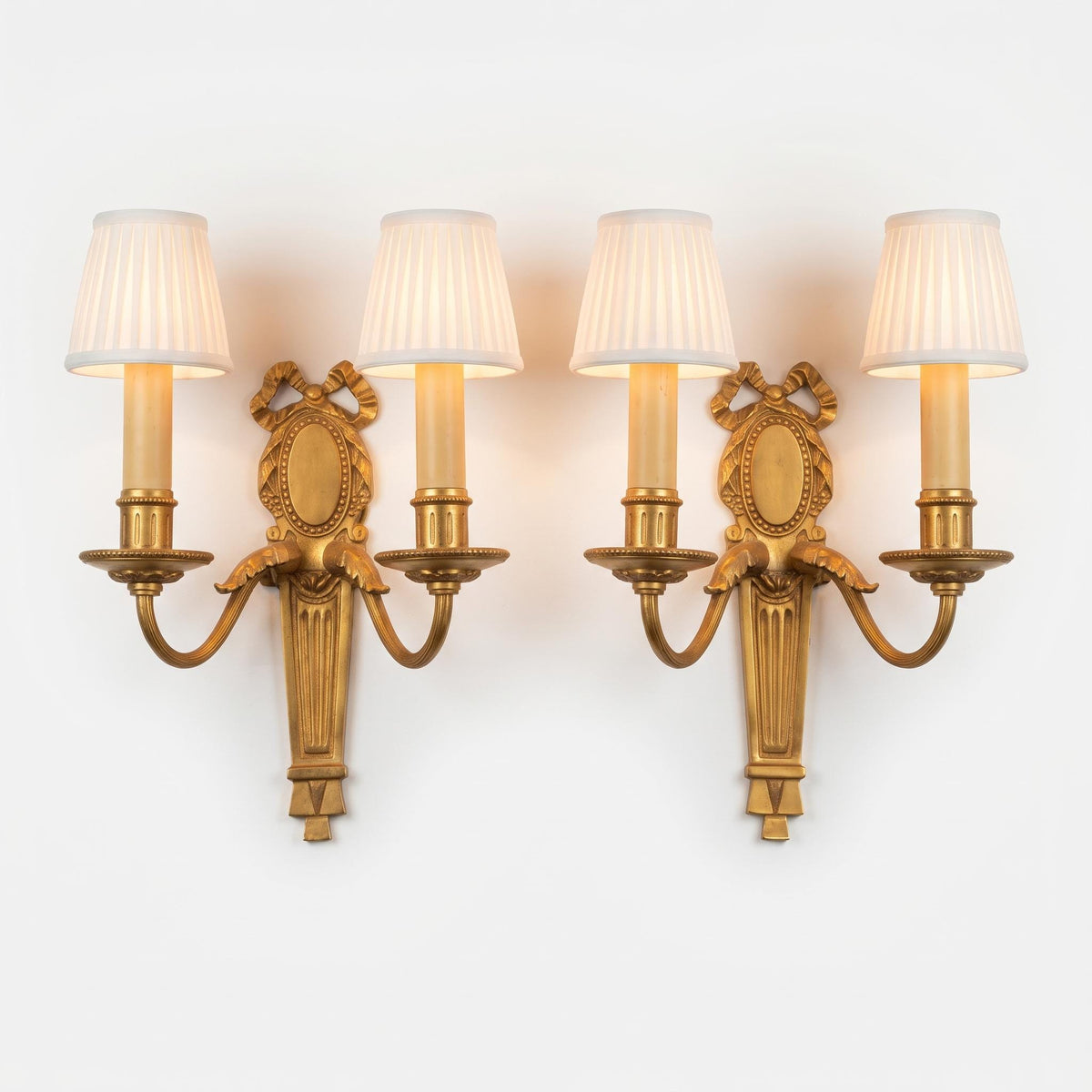 Pair of Vintage Bronze Wall Sconces, Louis XVI Style, Bow and Laurel Backplates, Two Arms Each