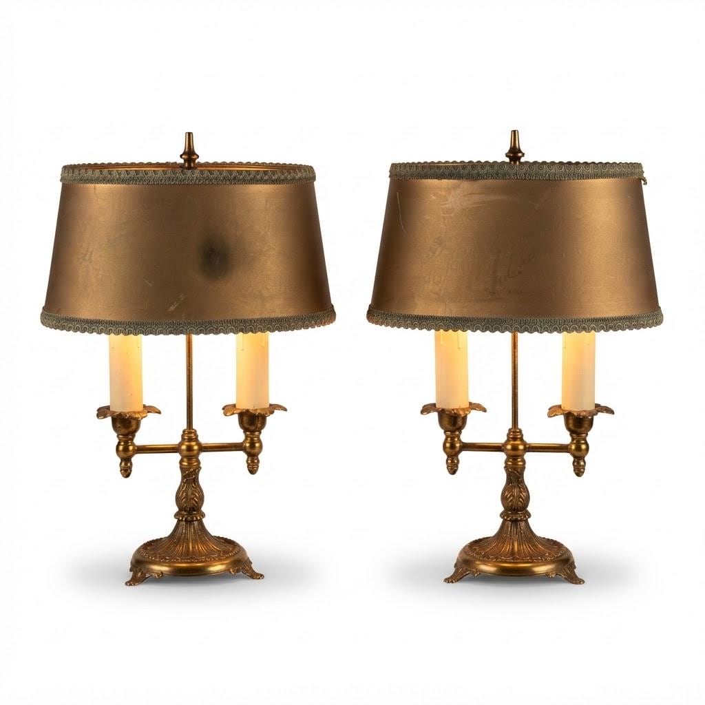 Vintage Bronze Bouillotte Table Lamps Pair, Tan Shades with Blue Braid, Two Arms Each, 37 cm
