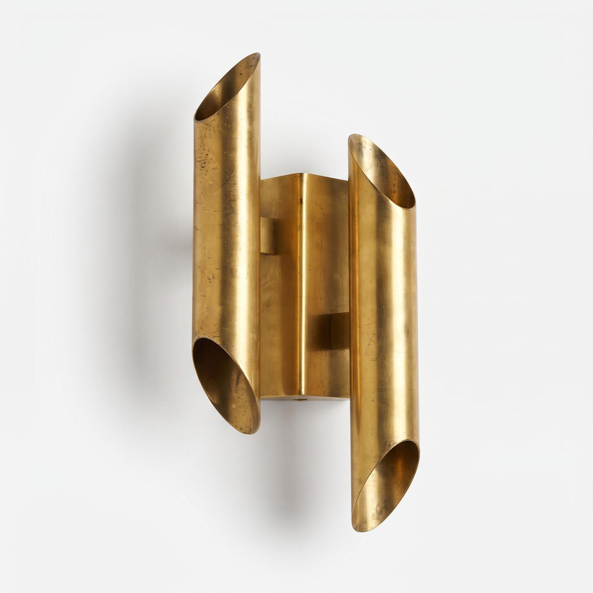 Vintage 1970s Mid-Century Brass-Tone Two-Light Up-and-Down Wall Sconce with Angle-Cut Tubes