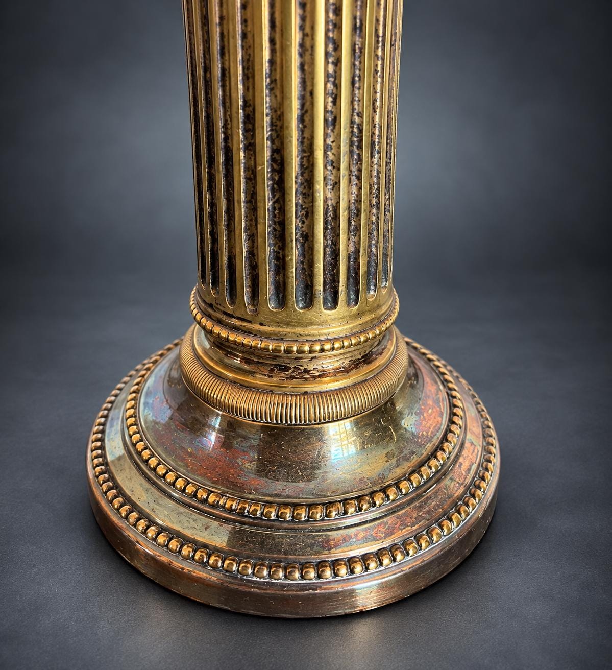 Pair of Louis XVI Style Two-Light Candelabra, Silver-Tone Metal, Fluted Columns, Beaded Round Bases, Urn Finials