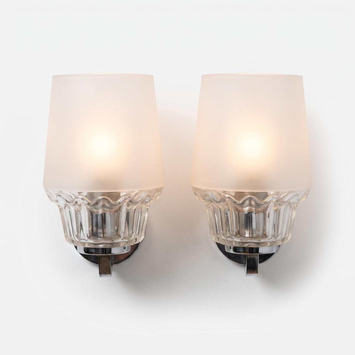 Mid-Century Chrome Wall Sconces, Pair, Frosted and Clear Fluted Glass Shades, Rectangular Arms