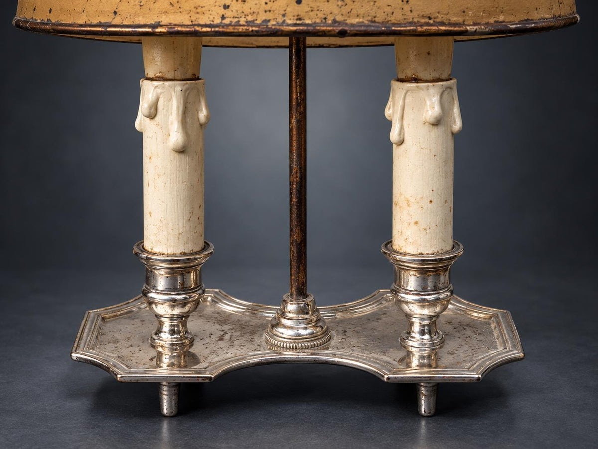 Two-Light Desk Lamp with Painted Metal Tôle Shade, Rose Urn Decoration, Silver-Tone Candle Arms, French Country Style