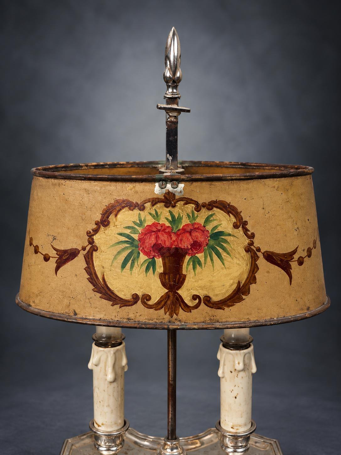 Two-Light Desk Lamp with Painted Metal Tôle Shade, Rose Urn Decoration, Silver-Tone Candle Arms, French Country Style