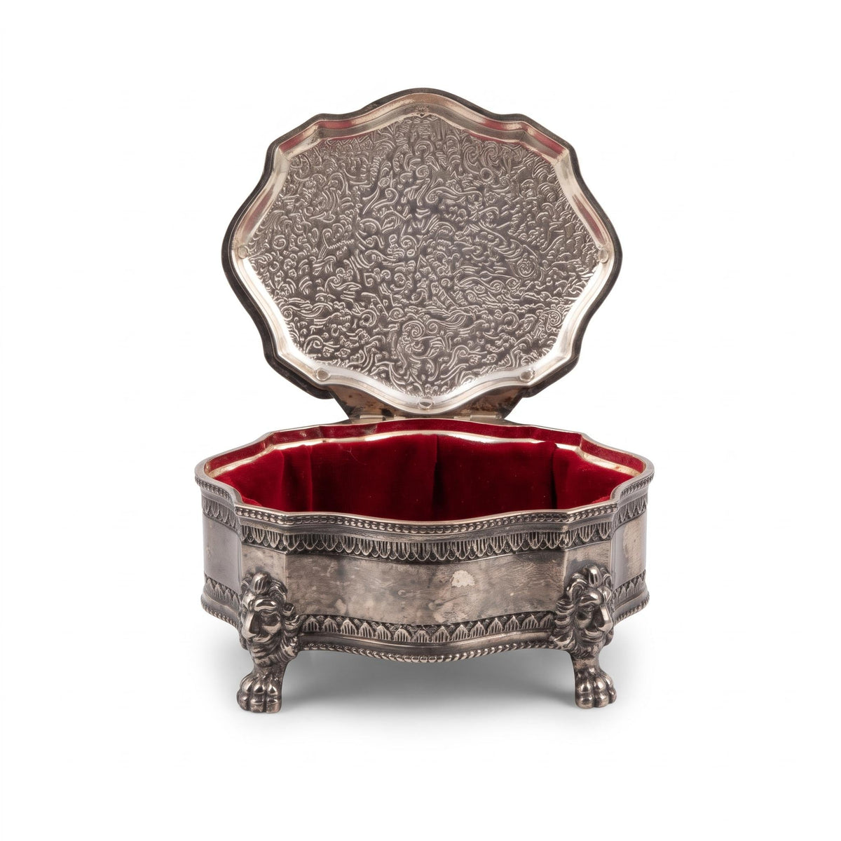 Silver-Tone Metal Jewelry Casket on Lion Mask and Paw Feet, Serpentine Outline, Engraved Lid, Louis XV Style Trinket Box