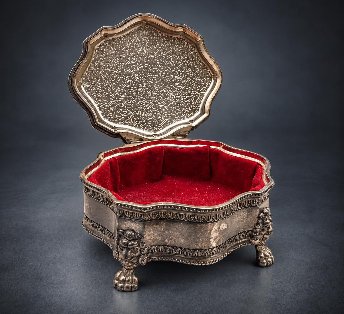 Silver-Tone Metal Jewelry Casket on Lion Mask and Paw Feet, Serpentine Outline, Engraved Lid, Louis XV Style Trinket Box