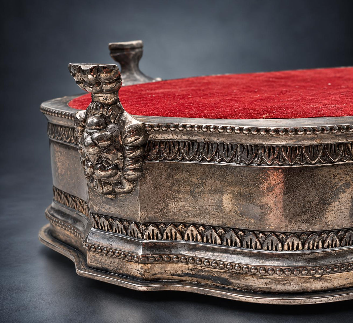 Silver-Tone Metal Jewelry Casket on Lion Mask and Paw Feet, Serpentine Outline, Engraved Lid, Louis XV Style Trinket Box