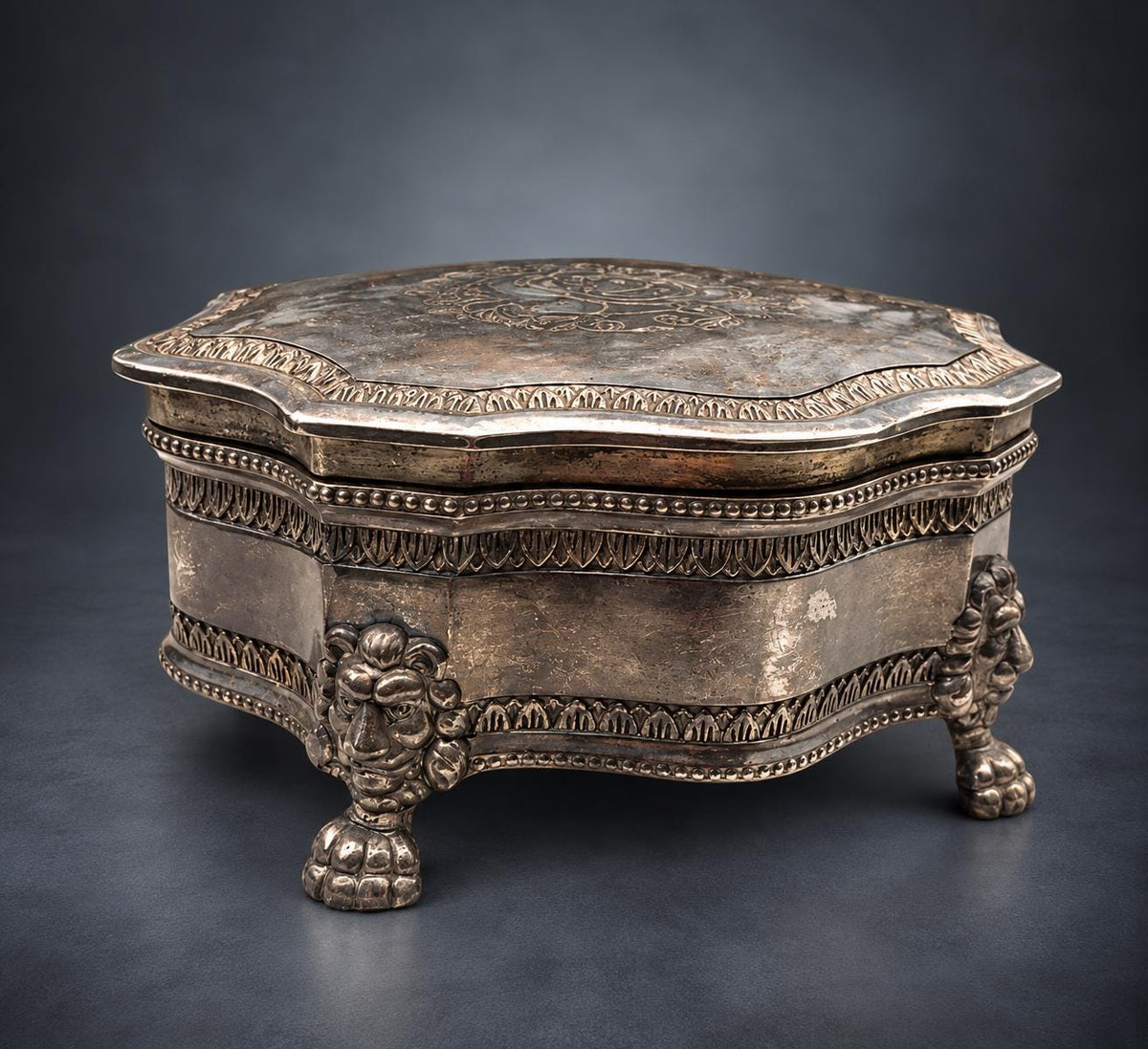 Silver-Tone Metal Jewelry Casket on Lion Mask and Paw Feet, Serpentine Outline, Engraved Lid, Louis XV Style Trinket Box
