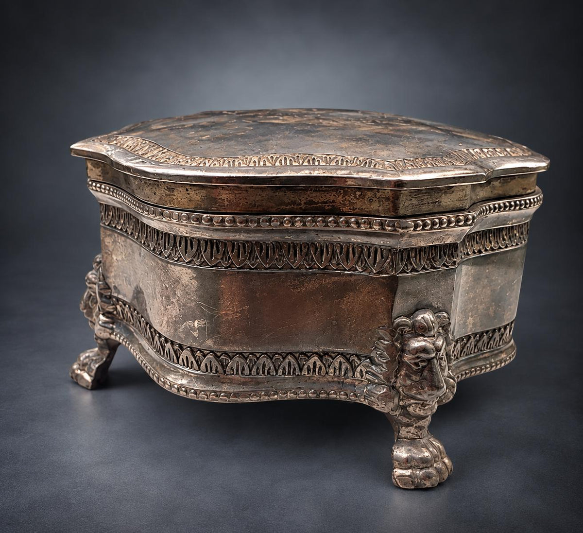 Silver-Tone Metal Jewelry Casket on Lion Mask and Paw Feet, Serpentine Outline, Engraved Lid, Louis XV Style Trinket Box
