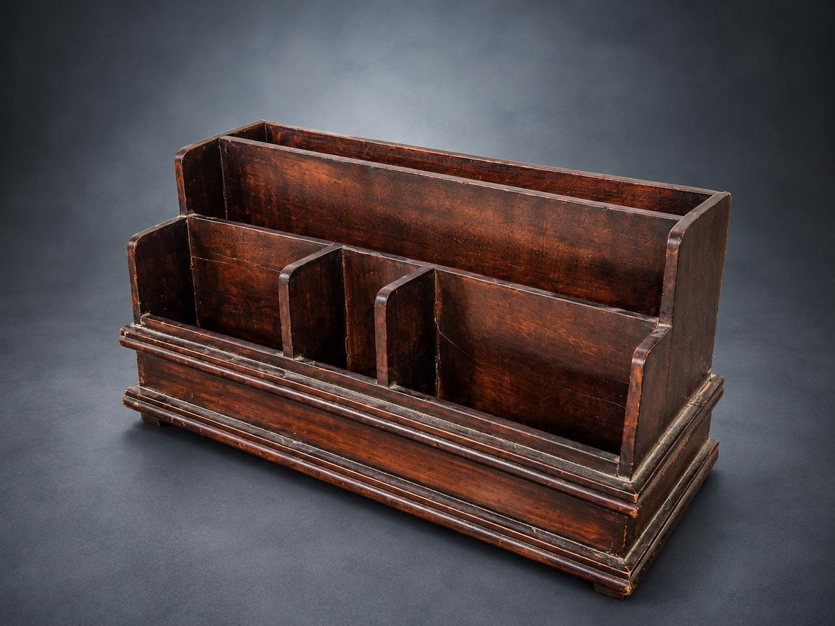 Tiered Wooden Letter Rack in Dark Mahogany-Tone Finish, Four Slots, Moulded Base, Desk Organizer