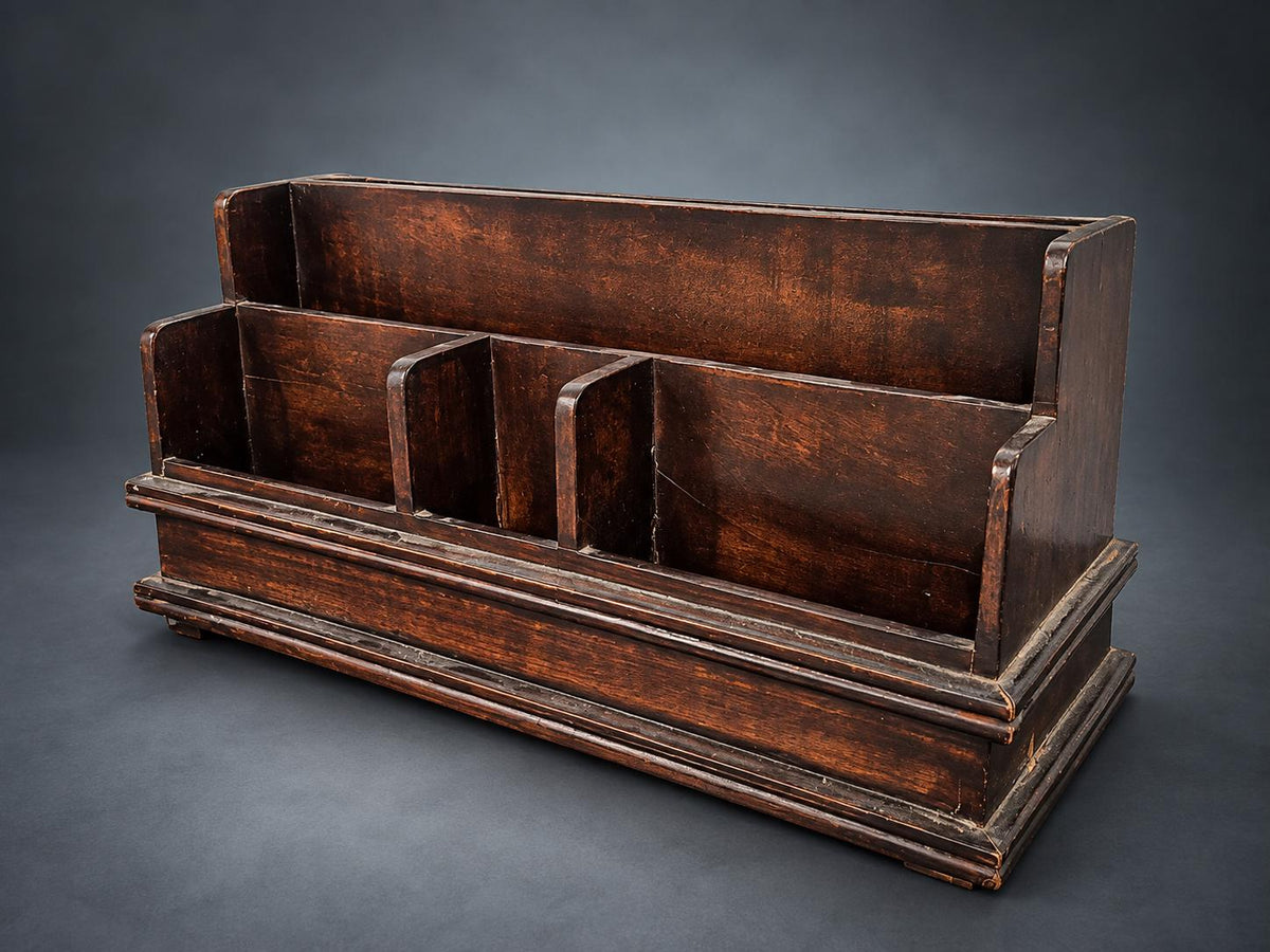 Tiered Wooden Letter Rack in Dark Mahogany-Tone Finish, Four Slots, Moulded Base, Desk Organizer