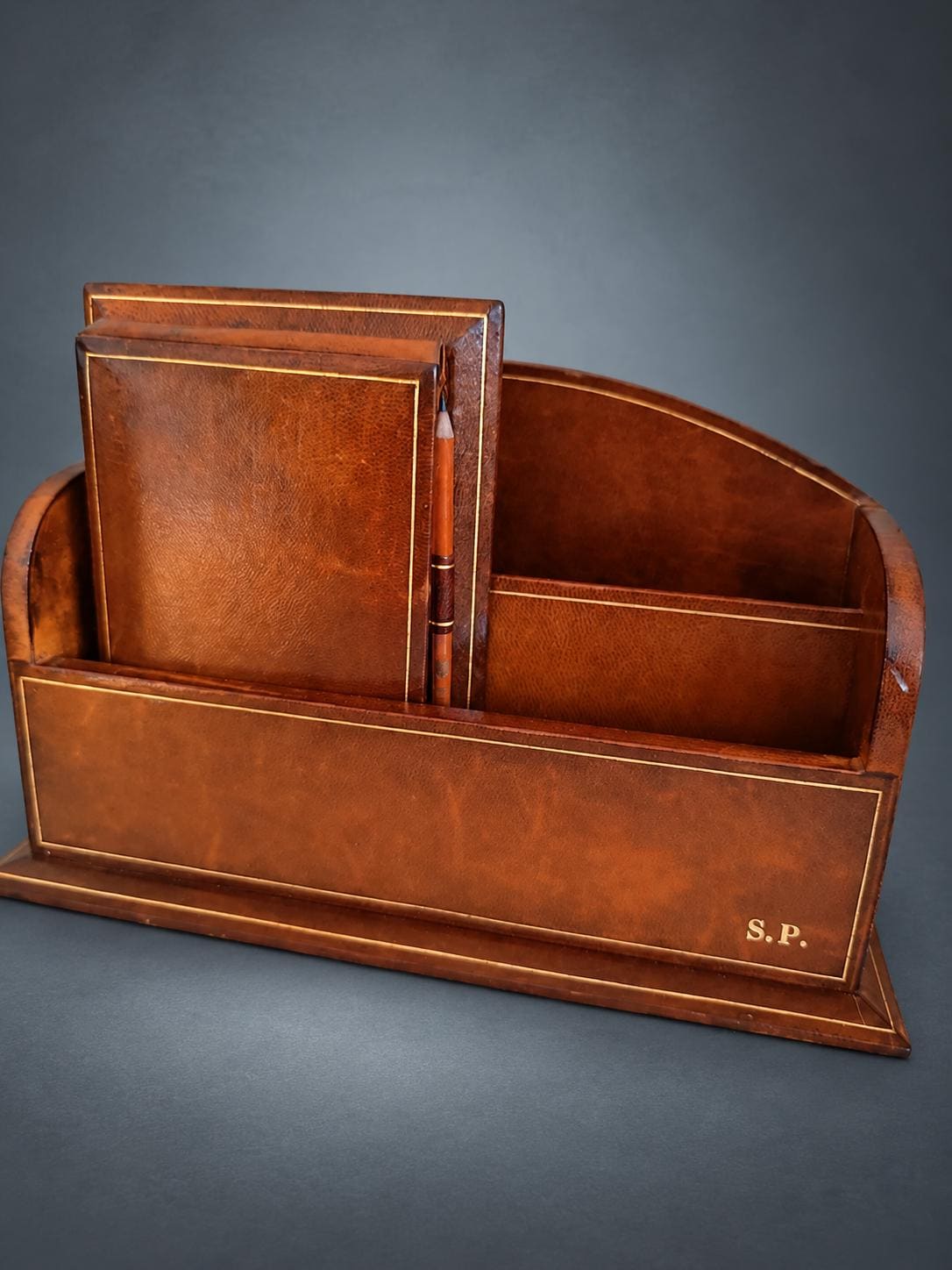 Leather Desk Letter Holder with Gilt-Tooled Borders, Matching Notebook and Pencil, Monogrammed S.P., Desk Set