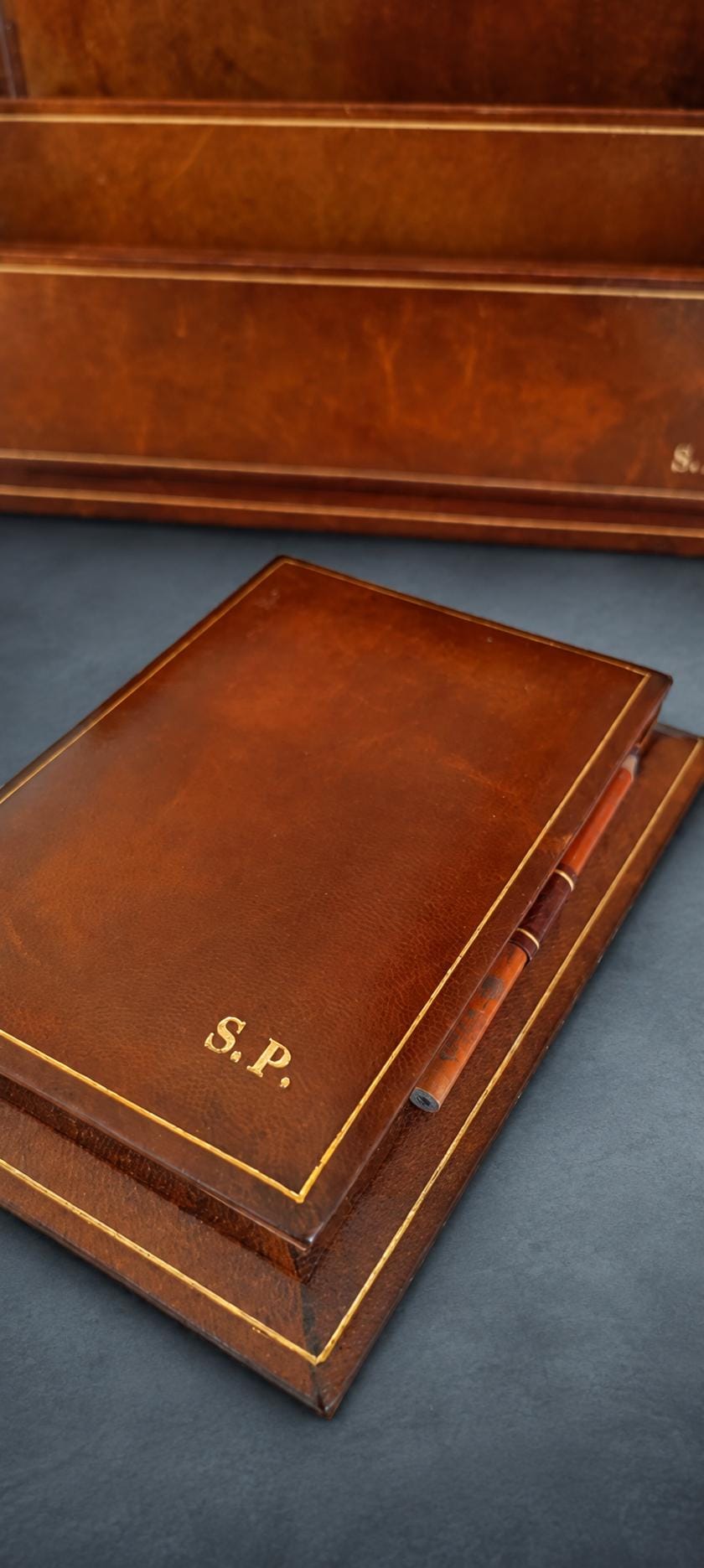 Leather Desk Letter Holder with Gilt-Tooled Borders, Matching Notebook and Pencil, Monogrammed S.P., Desk Set