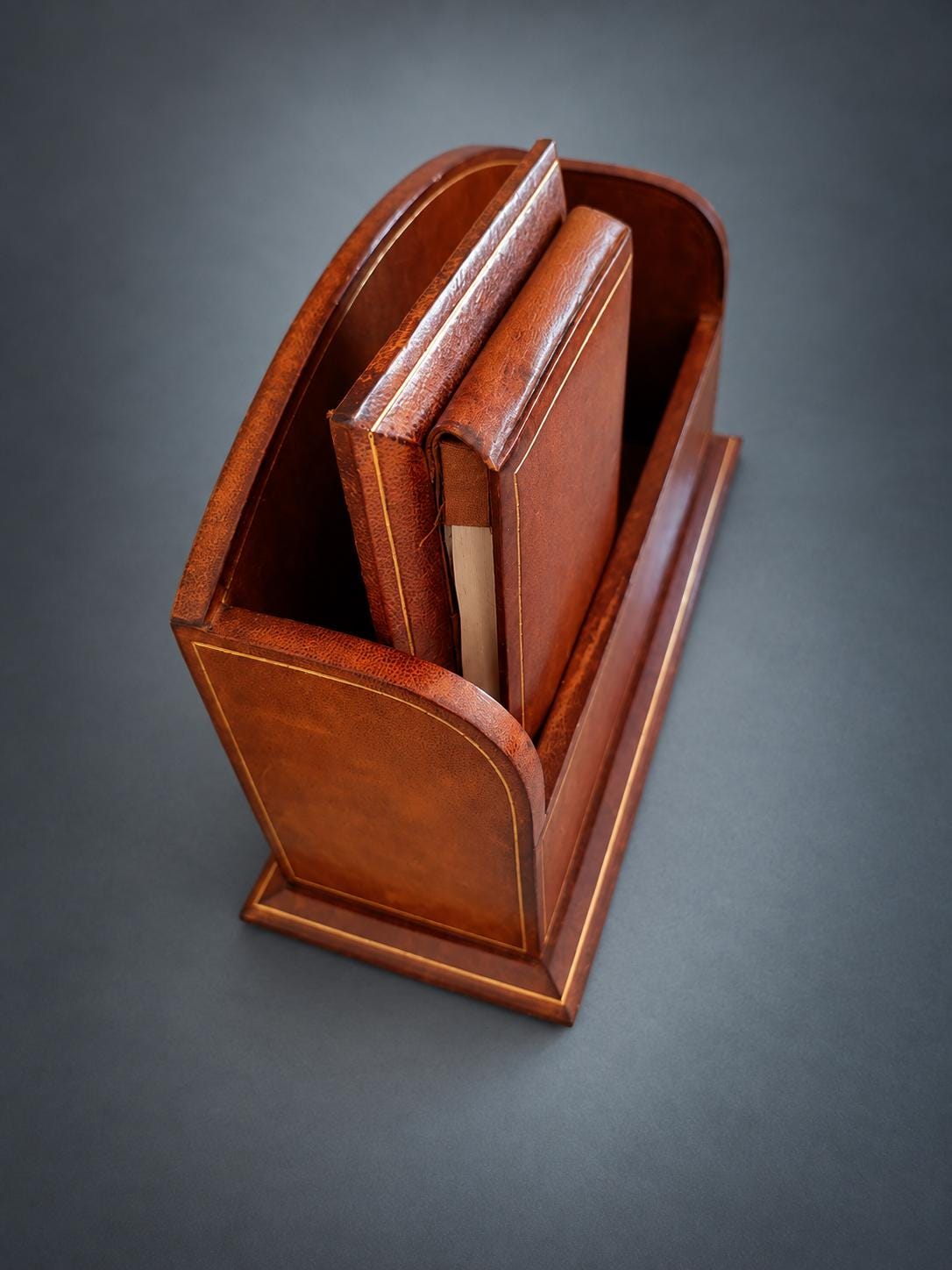 Leather Desk Letter Holder with Gilt-Tooled Borders, Matching Notebook and Pencil, Monogrammed S.P., Desk Set