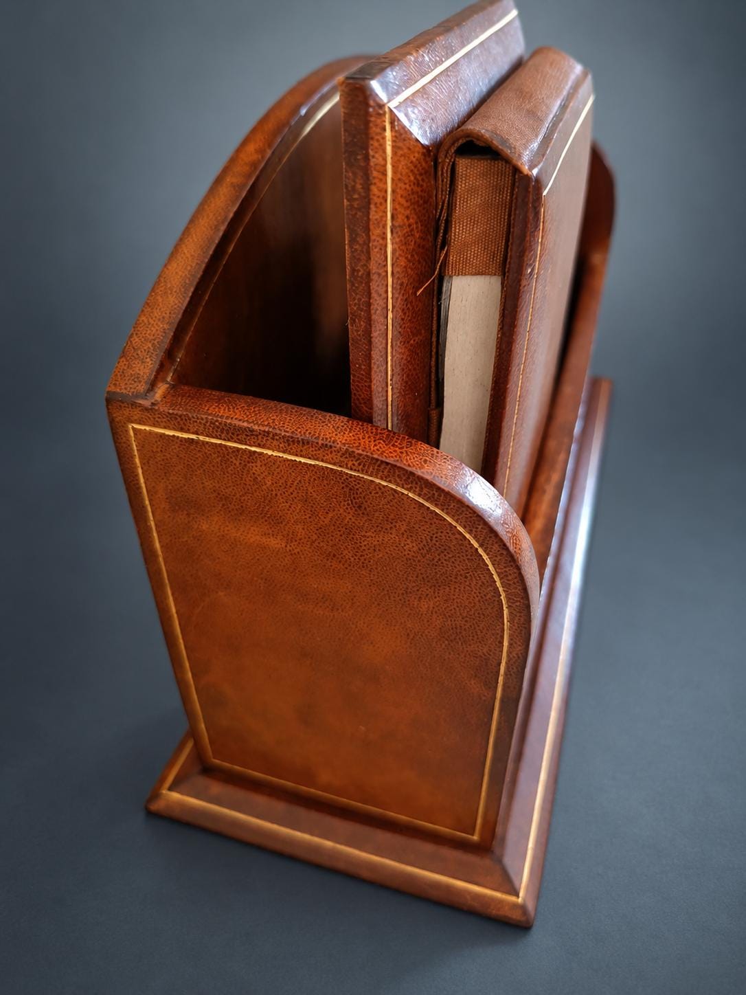 Leather Desk Letter Holder with Gilt-Tooled Borders, Matching Notebook and Pencil, Monogrammed S.P., Desk Set