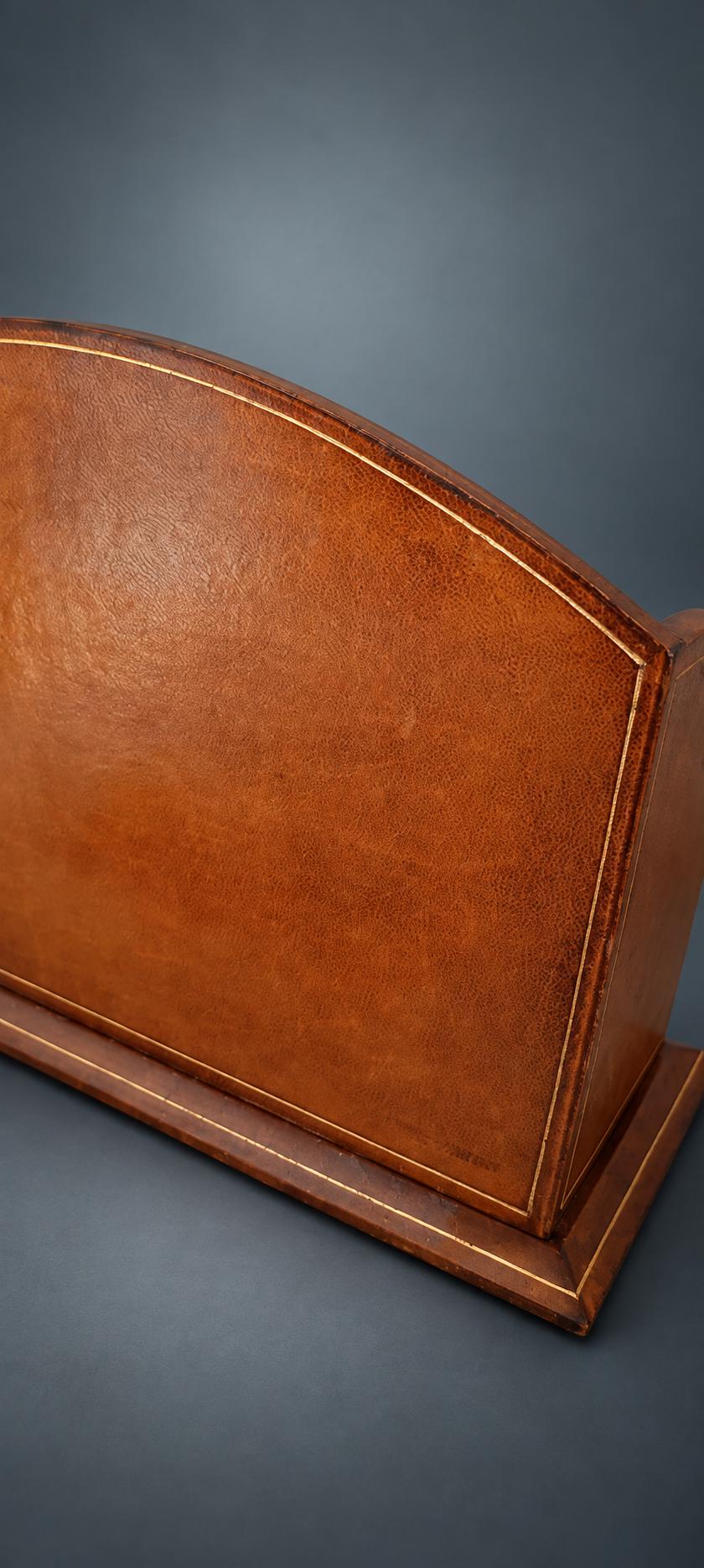 Leather Desk Letter Holder with Gilt-Tooled Borders, Matching Notebook and Pencil, Monogrammed S.P., Desk Set