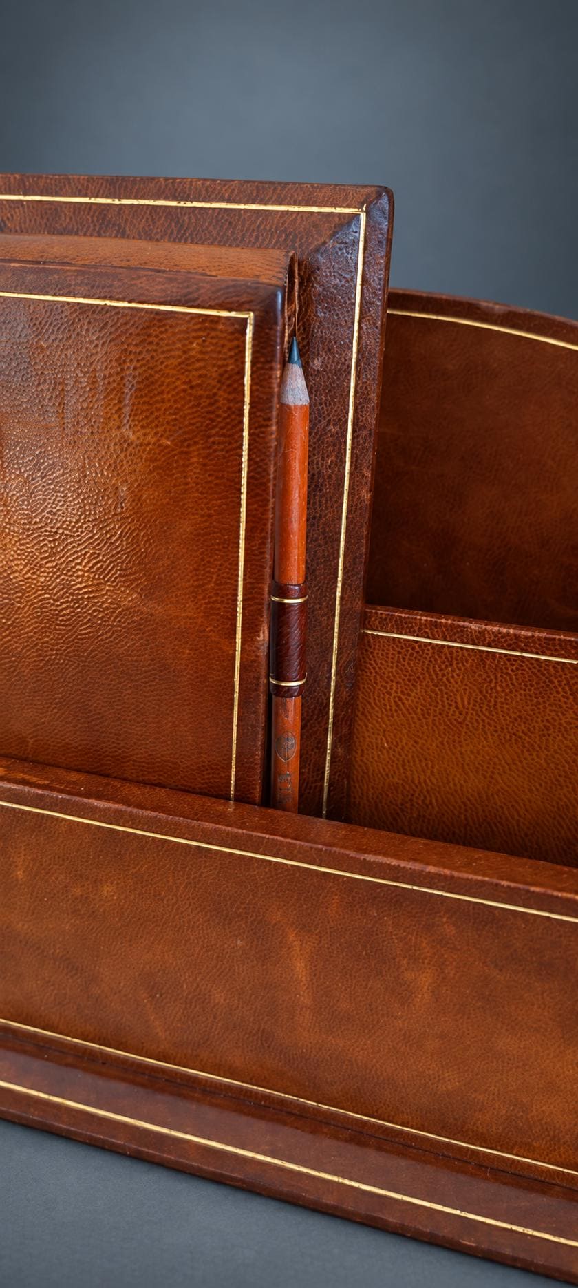 Leather Desk Letter Holder with Gilt-Tooled Borders, Matching Notebook and Pencil, Monogrammed S.P., Desk Set