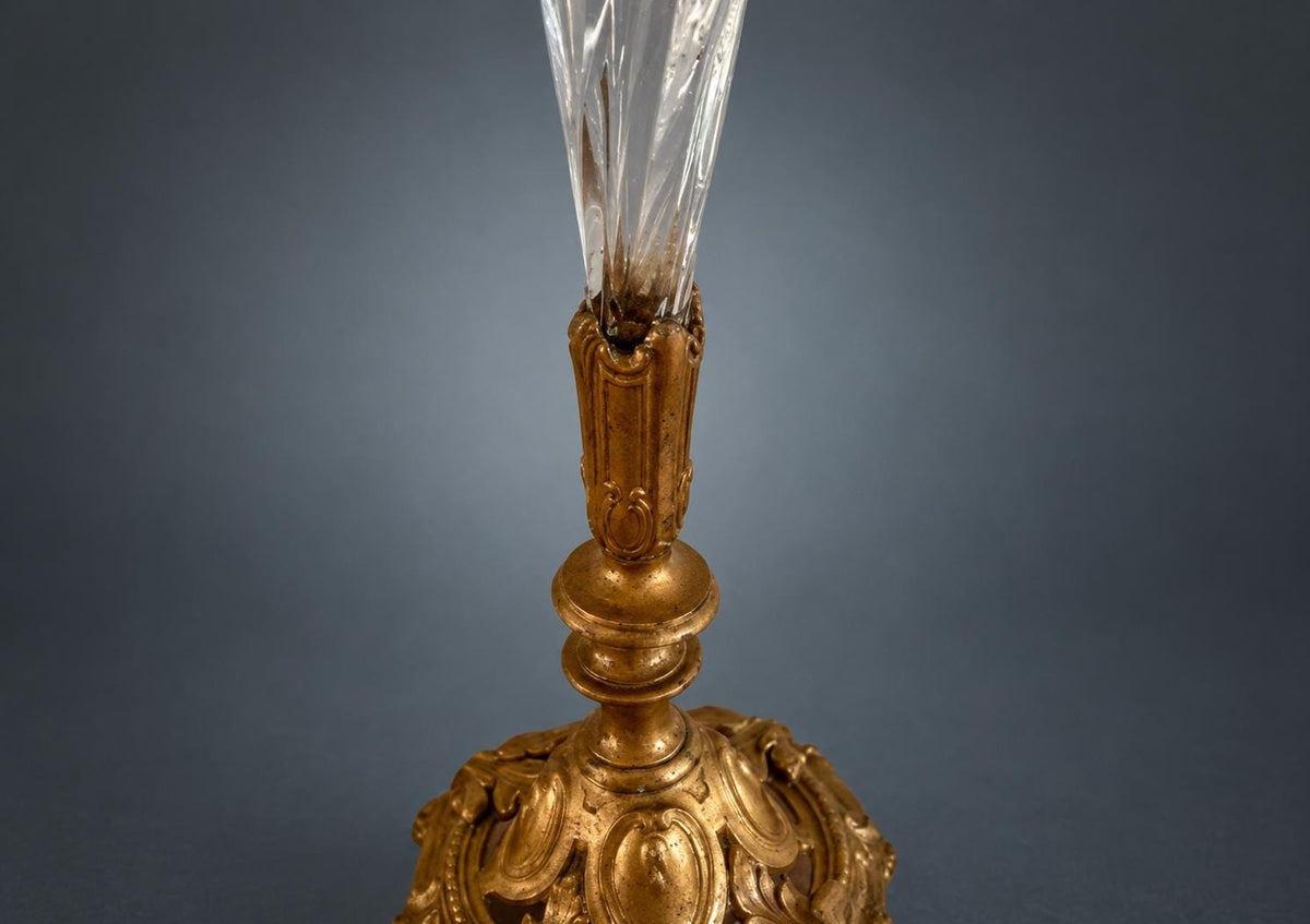 Trumpet Glass Flower Vase on Gilt Metal Rococo Base, Swirled and Engraved Glass, Scroll Feet, Soliflore Centrepiece
