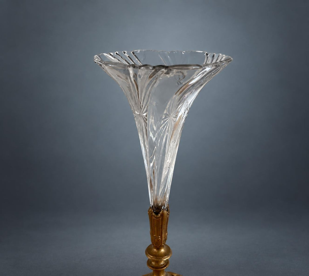 Trumpet Glass Flower Vase on Gilt Metal Rococo Base, Swirled and Engraved Glass, Scroll Feet, Soliflore Centrepiece