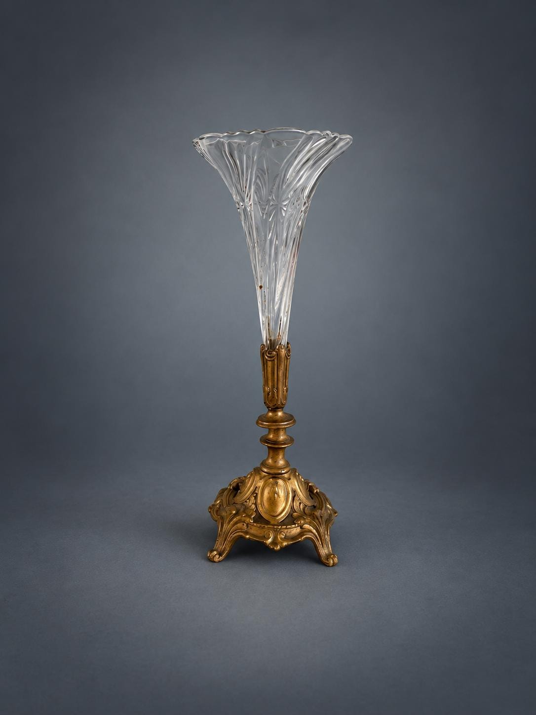 Trumpet Glass Flower Vase on Gilt Metal Rococo Base, Swirled and Engraved Glass, Scroll Feet, Soliflore Centrepiece
