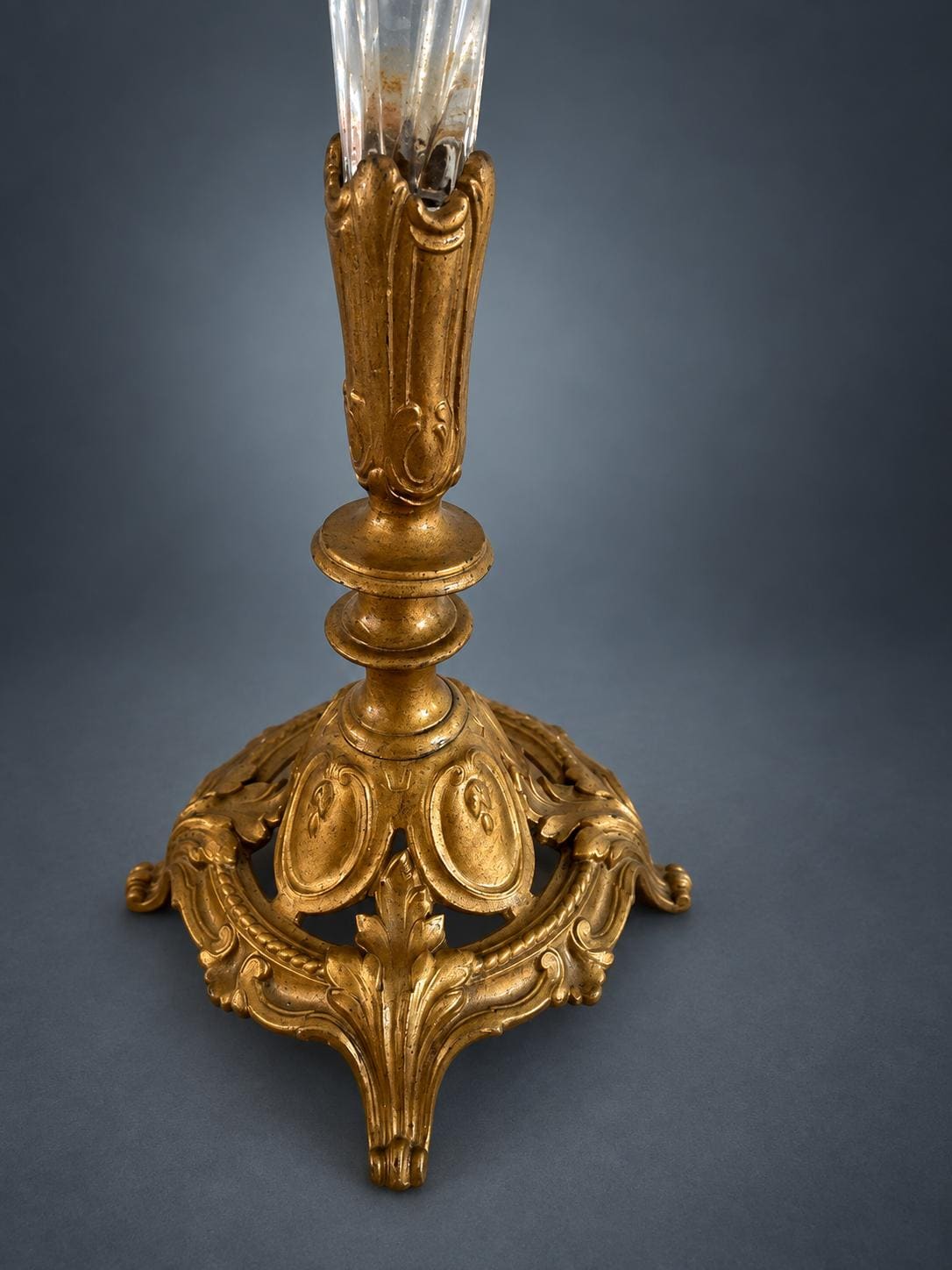 Trumpet Glass Flower Vase on Gilt Metal Rococo Base, Swirled and Engraved Glass, Scroll Feet, Soliflore Centrepiece