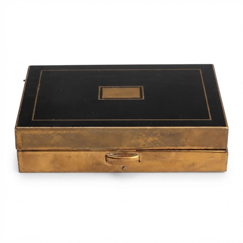 Vintage Art Deco Style Brass-Tone Cigarette Case with Black Lacquered Lid and Folding Rack